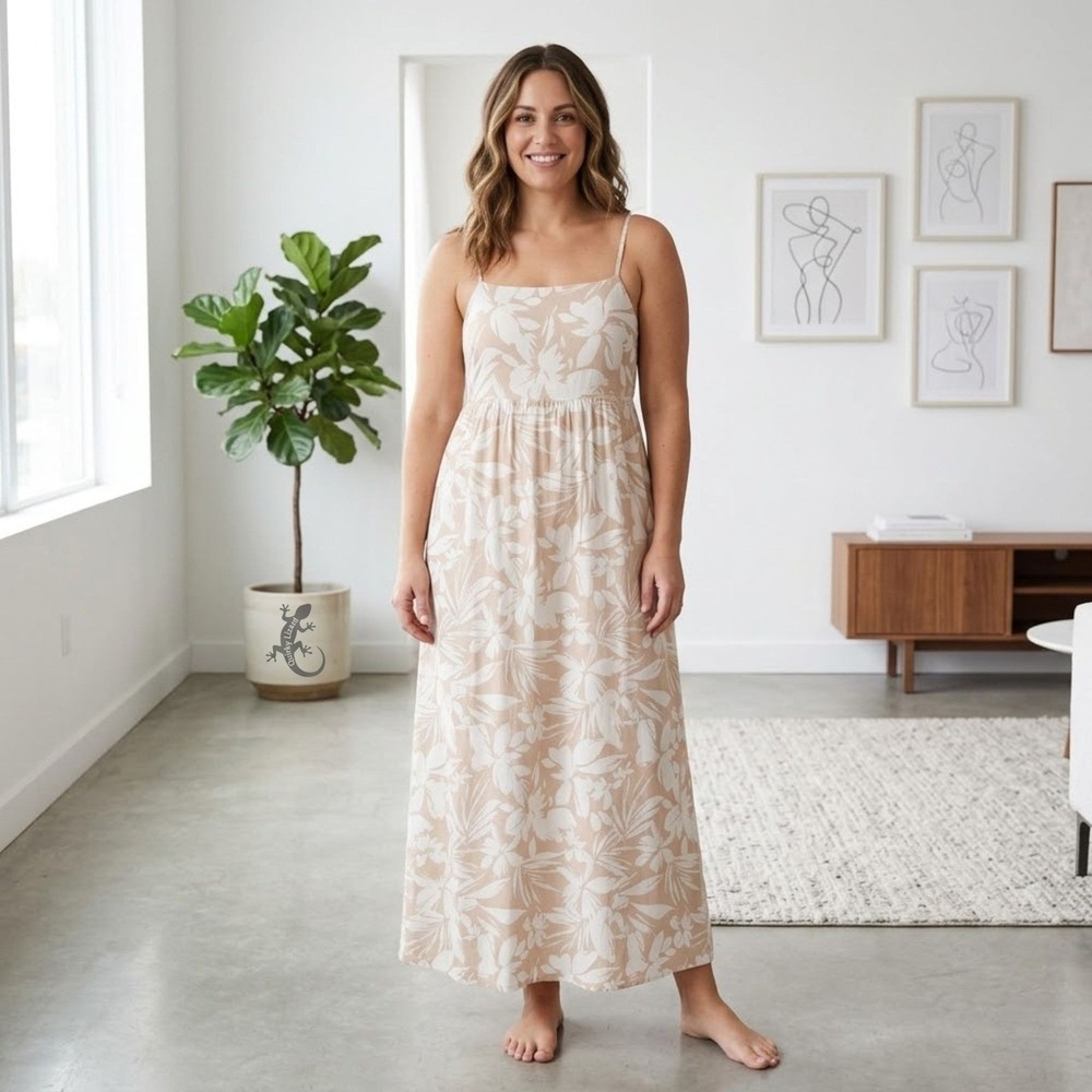 Monteau Los Angeles Maxi Dress XSβ Tan Floral Linen Blend Coastal Tropical Core